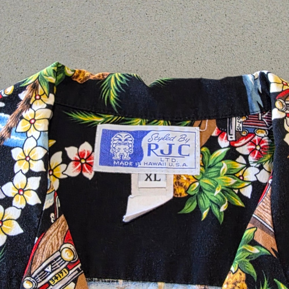 RJC Hawaiian Shirt Mens‎ XL Black Woodie Car Surfboard Pineapple Tropical Hawaii - Picture 8 of 12